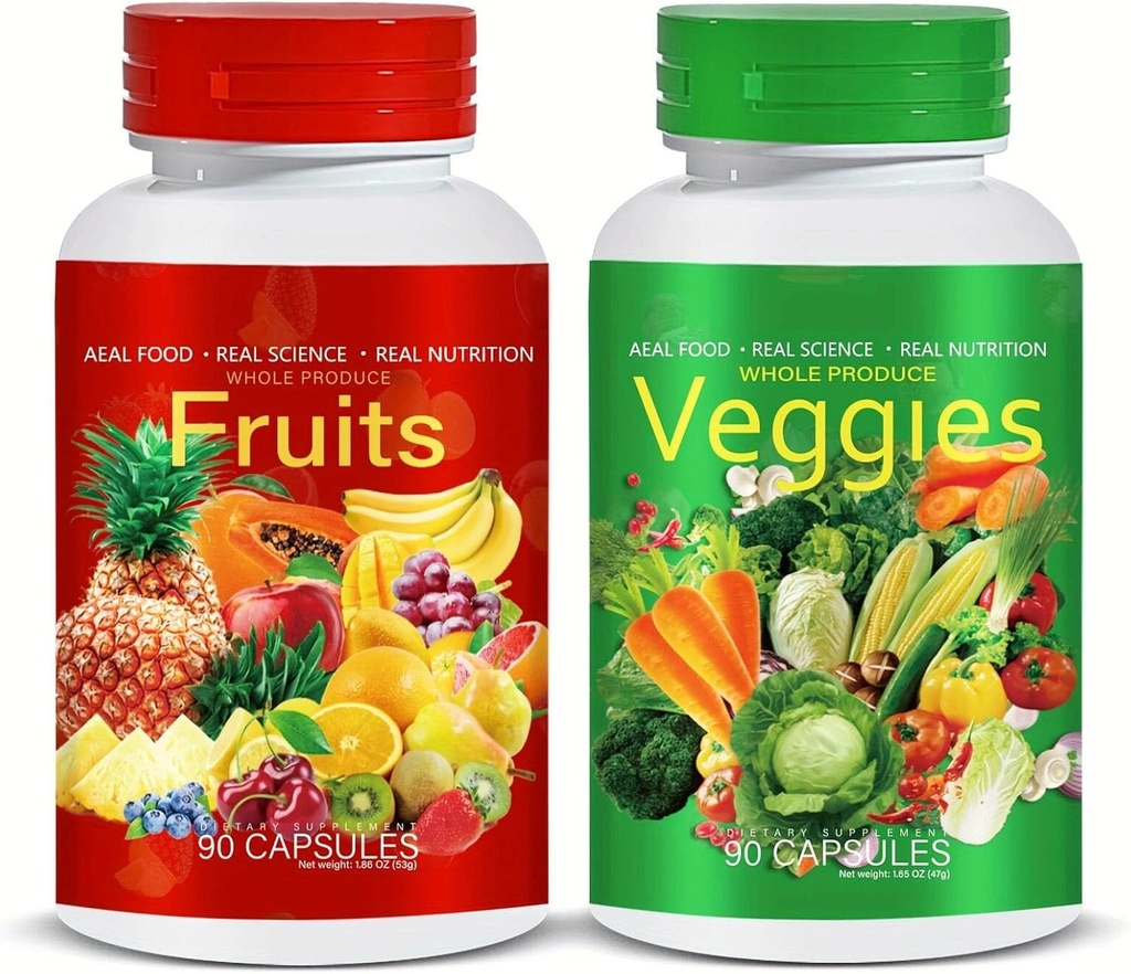 Balance des suppléments naturels de fruits et légumes, complément alimentaire complet avec des fruits et légumes super-alimentaires, 2 bouteilles 90 Fruits et 90 Légumes Capsules Formule de super-aliments frais