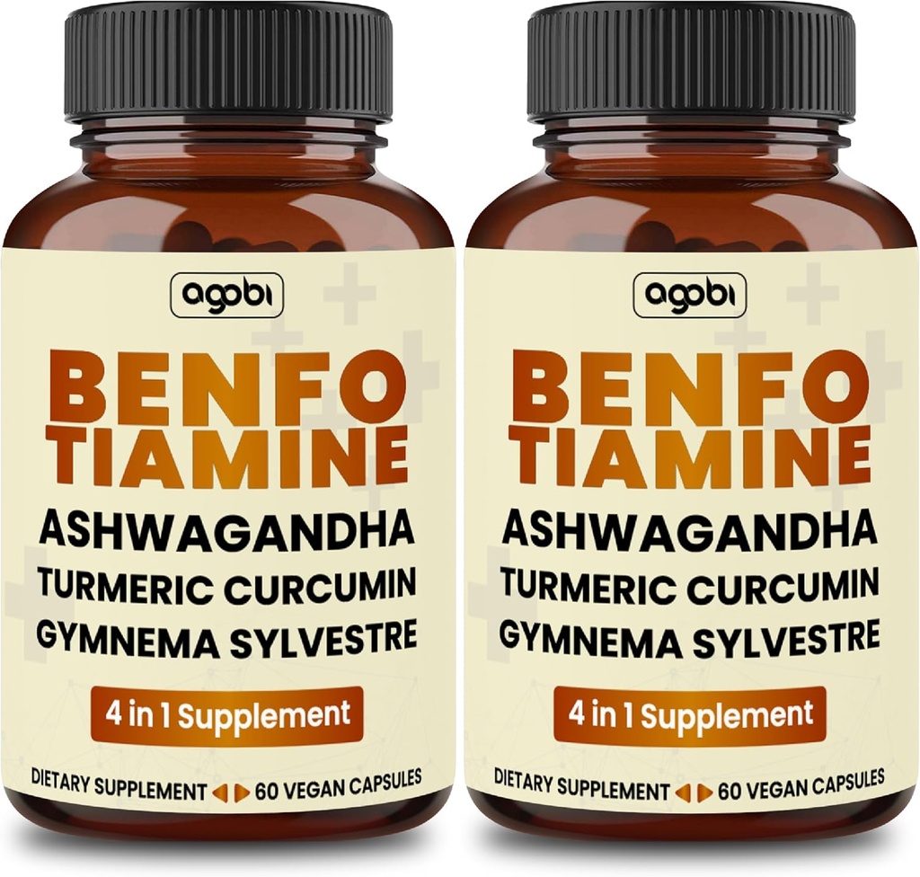 Supplément à la benfotiamine 600mg - 2 mois pour le système digestif, la production d'énergie et l'Immune - Graine de Curcumine Turcuma mélangée, Racine d'Ashwagandha et Gymnema Sylvestre biologique - 2 boîtes de 60 capsules