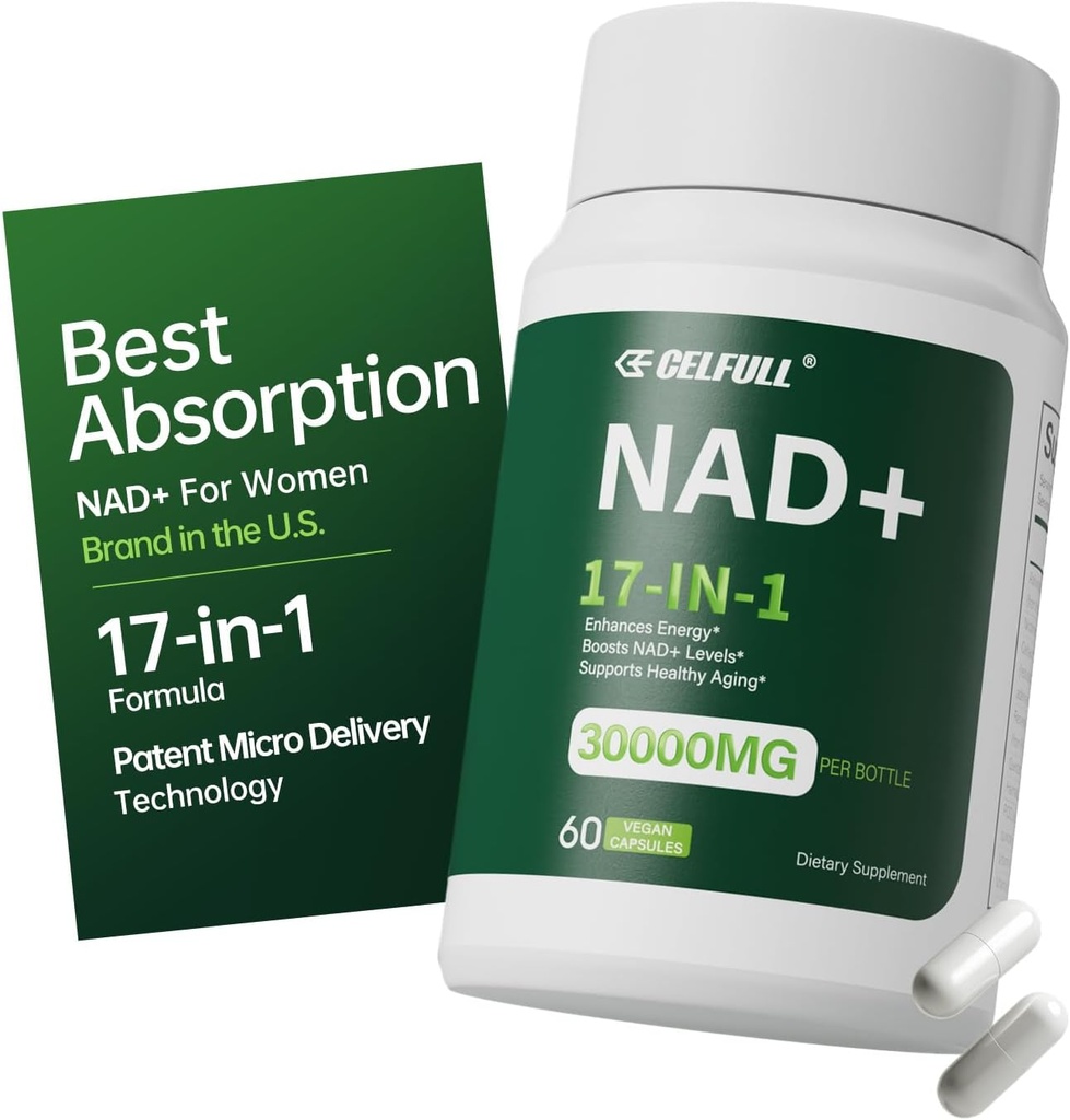 Supplément CELFULL NAD pour les femmes NMN Alternative Resvératrol, Nicotinamide Riboside, Quercetin-NAD+ Boosting for Anti Vieillissement Énergie Cellulaire & Stamina-30000mg/Bottle