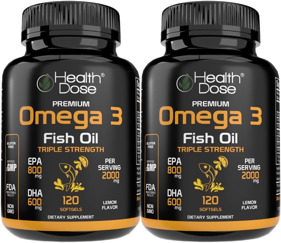 Huile de poisson Oméga 3 pour la santé – Softgels aromatisés au citron avec EPA et DHA pour le soutien du cerveau, du cœur et du mieux-être – Facile à digérer, sans Burps de poisson – 120 Softgels, pack de 2