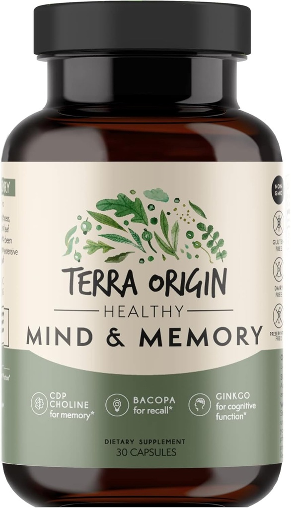 ORIGINAL DE TERRA Supplément de soutien à l'esprit et à la mémoire sains (Matrice de mémoire cognitive) CDP, Bacopa, L-Tyrosine, Huperzine A, Ginko, B12.