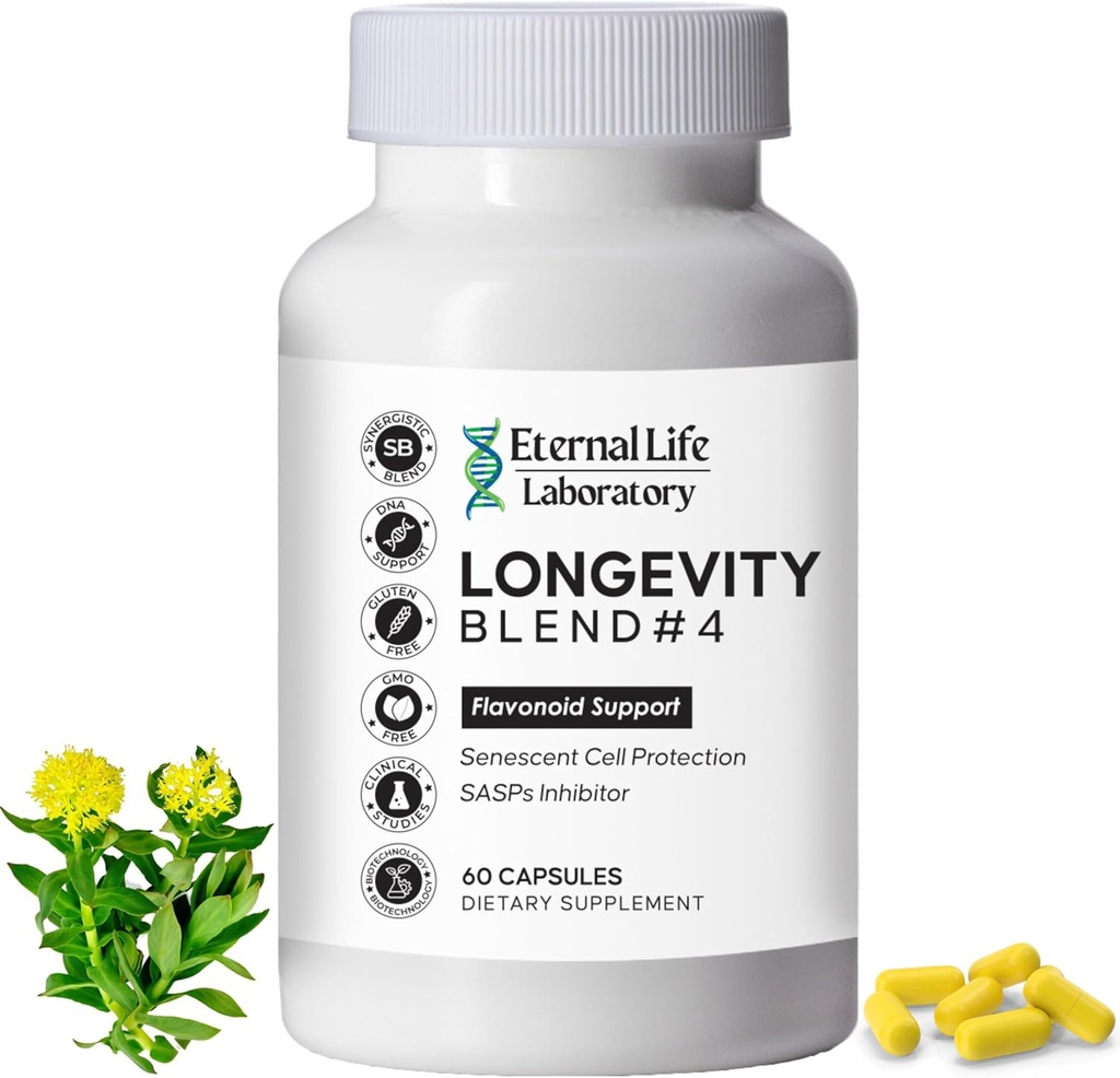 Quercitine, Rhodiola Rosea, Luteolin et Rutin Longevity Blend #4 Supplément anti-âge pour la défense cellulaire avec l'immunité et le soutien énergétique, antioxydants