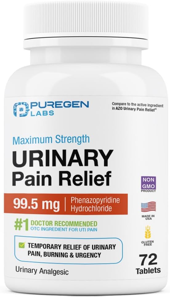 Puregen Labs Soulagement de la douleur urinaire : Phenazopyridine HCl 99,5mg Comprimés : maximum de force OTC pour soulager rapidement la douleur, la brûlure et l'inconfort de la vésicule – 72 Comprimés de comptage