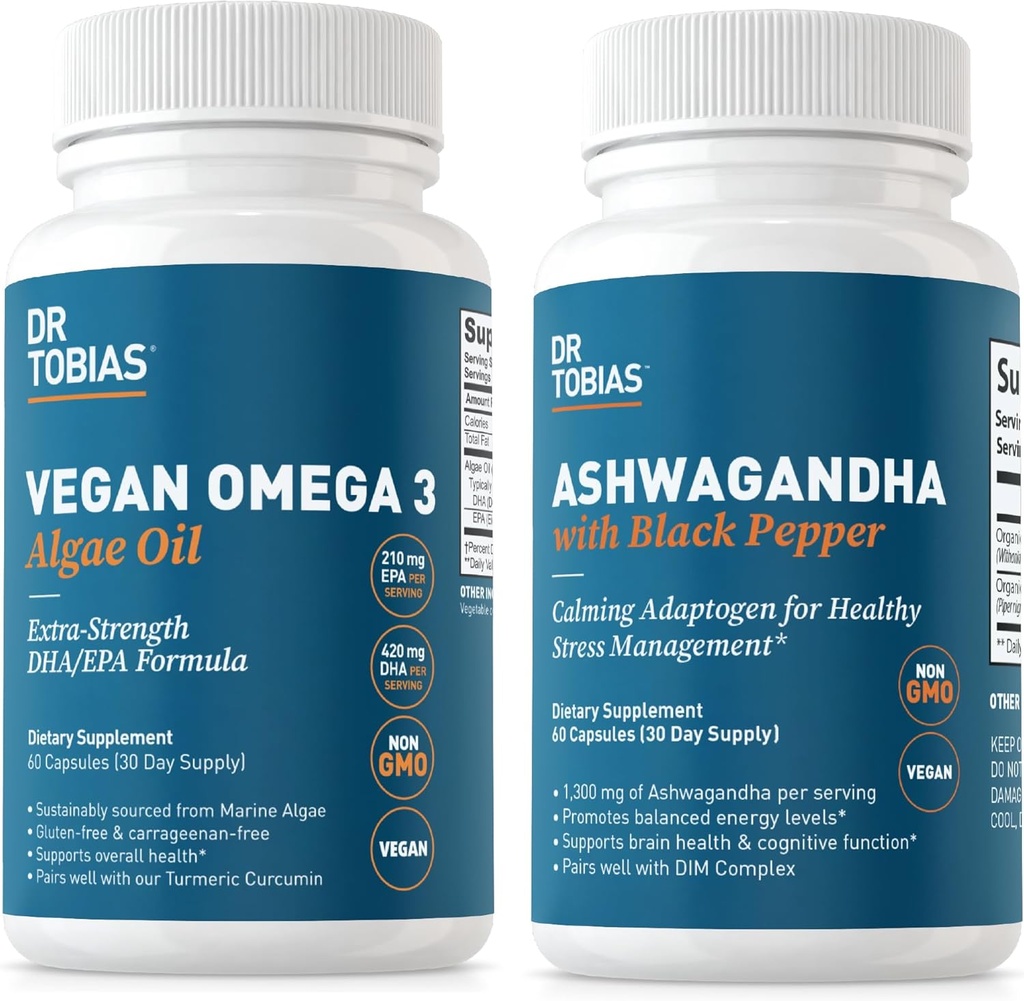 Dr Tobias Vegan Omega 3 Huile d'algue et Capsules d'Ashwagandha, soutient la résilience, la santé immunitaire et le bien-être général, non OGM, végétalien