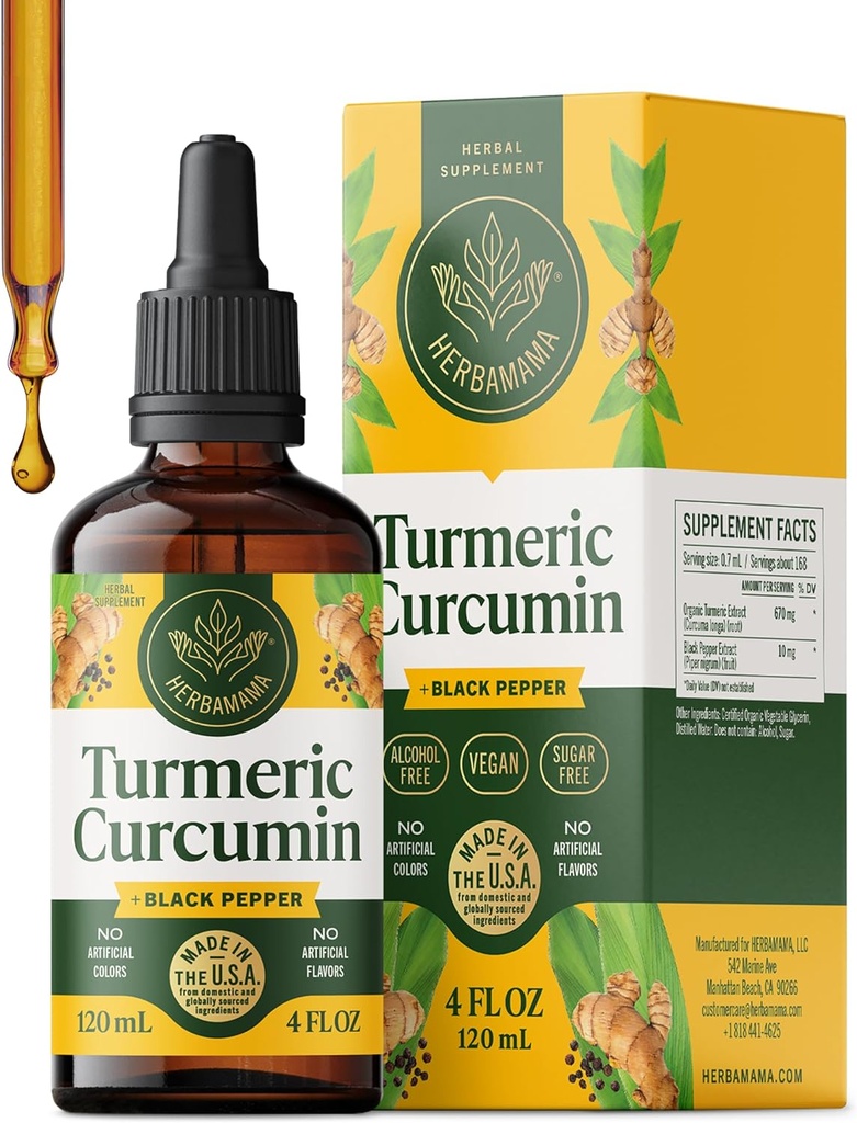 HERBAMAMA gouttes liquides en curcuma - Végétalien Immune, Digestive & Mobility Support avec Curcumine en curcuma avec extrait de peppe noir - Supplément antioxydant non-OGM, sans alcool et sans sucre - Approvisionnement de 56 jours