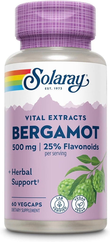 SOLARAY Bergamot 500 mg - Supplément Citrus Bergamot pour un mode de vie actif - Standardisé à 25 % de flavonoïdes - avec Berberine HCl de la baie indienne - Vegan, garantie de 60 jours, 30 portions, 60 VegCaps