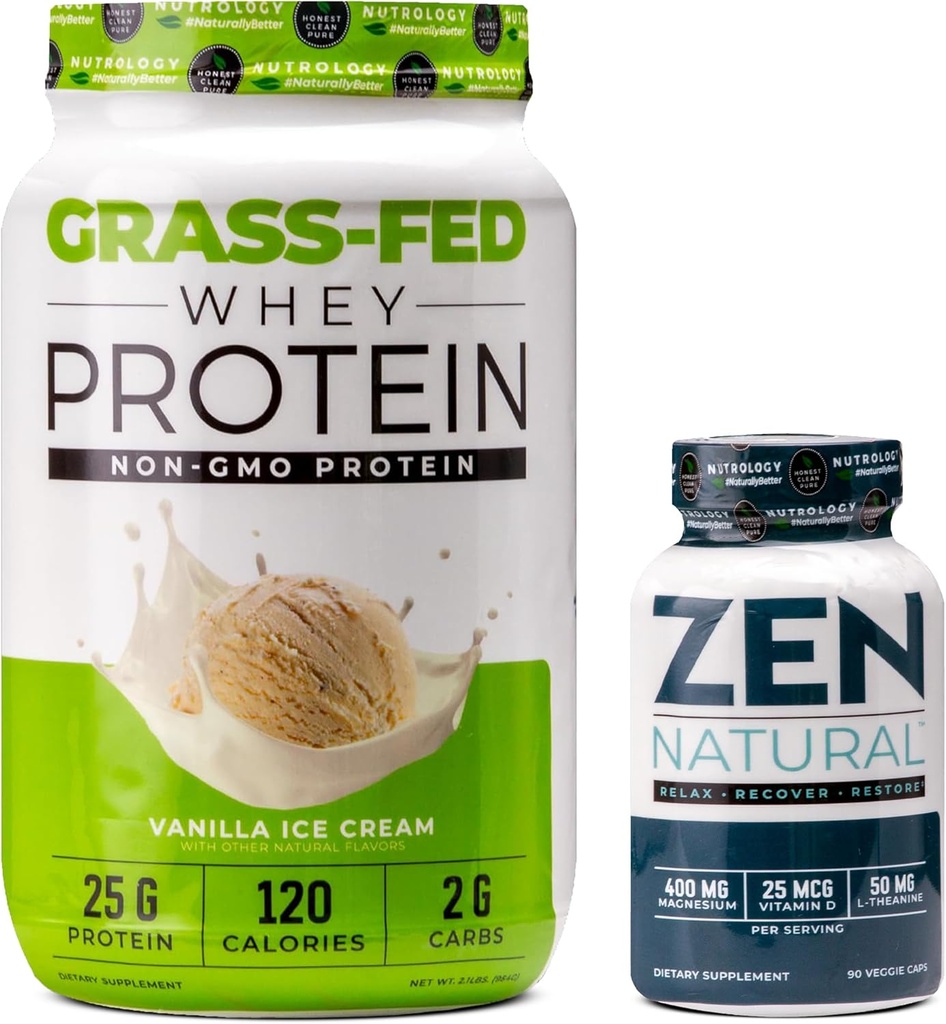 Nutrology Grass Fed Whey Protein Powder - Vanilla Ice Cream Flavor (28 Servings) Zen Natural Magnesium Supplement (30 Servings)