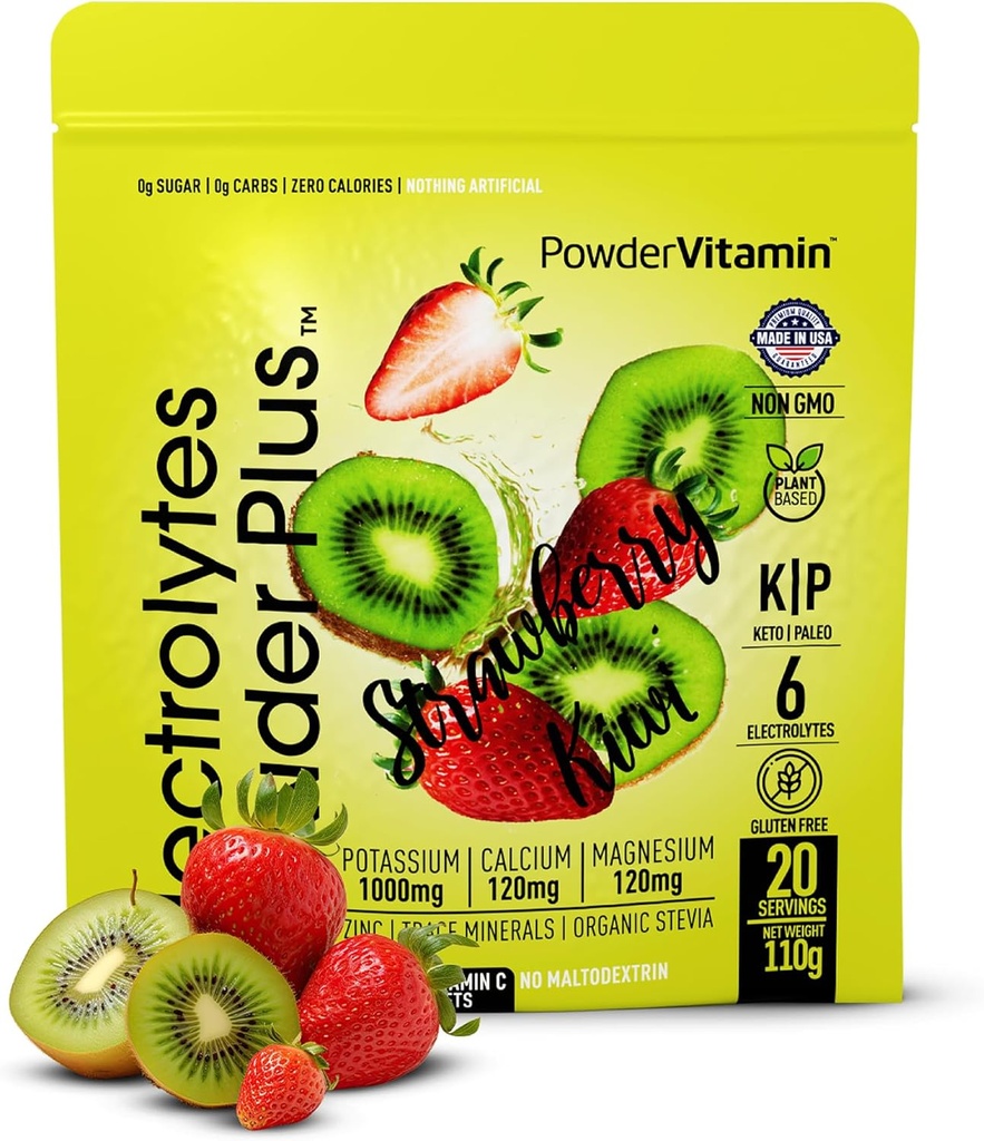 PoudreVitamine Electrolytes Poudre Plus (20 portions) Fraise Kiwi Electrolyte Poudre Zéro Calorie Keto,0 Sucre,Pas de Maltodextrine,1000mg Potassium,120mg Calcium,120mg Magnésium, Sel Himalayen rose