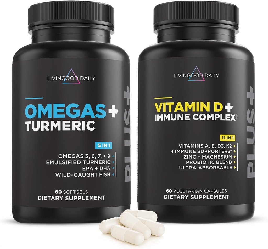 Livingood Daily Essentials Bundle - Supplément puissant de Omega 3-6-7-9 Plus Turmeric associé à la vitamine D3 K2, Magnésium, Mélange probiotique et plus