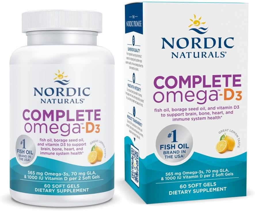 Nordic Naturals Complete Omega-D3, Saveur de citron - 60 gels souples - 565 mg Omega-3 + 70 mg GLA + 1000 UI Vitamine D3 - EPA & DHA - Peau saine, cognition et humeur positive - Non-OGM - 30 portions