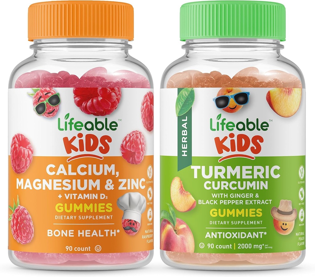 Calcium Lifeable Magnésium & Zinc Enfants + Curcumine Turcuma Enfants, Gommies Bundle - Grande dégustation, supplément de vitamine, sans gluten, sans OGM, Gummy à croquer