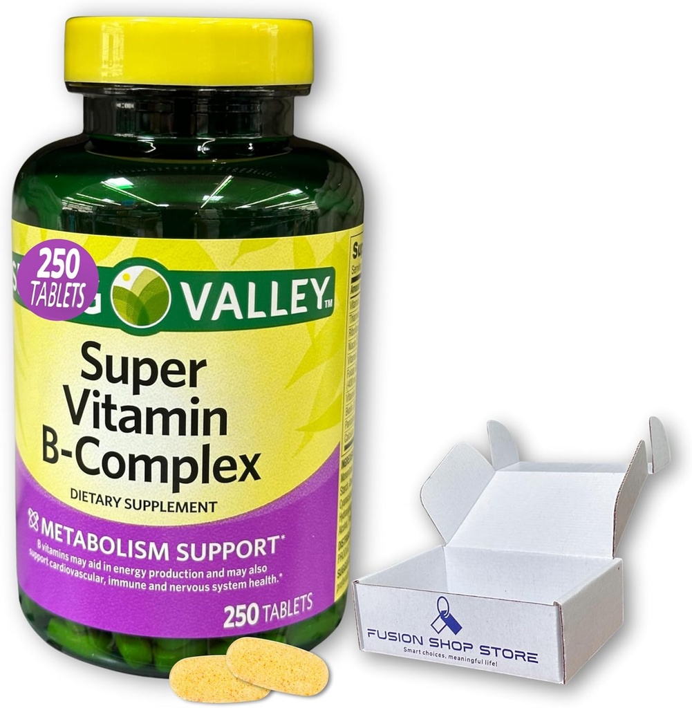 Super Vitamine B Complexe Spring Valley - Comprimés 250 Mélange de compte de B6 B12 C thiamine biotine folate pantothénique acide et riboflavine, encadré par Fusion Shop Store