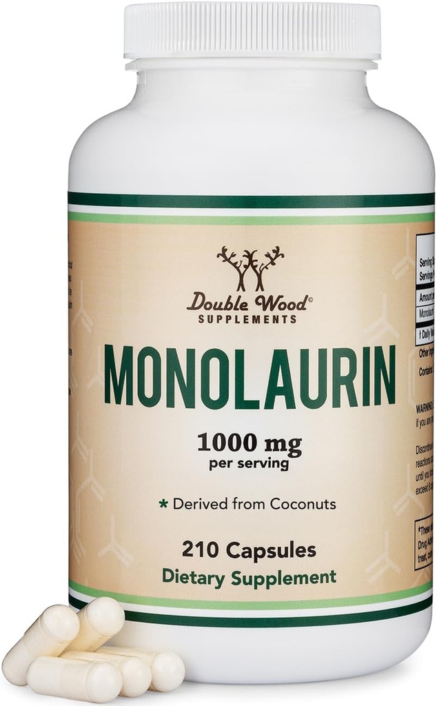 Monolaurin Immune Supplément de soutien 1000mg par portion, 210 Capsules (Vegan Safe, non-OGM, sans gluten) Immune Booster pour adultes, Système immunitaire Défense par Double Wood