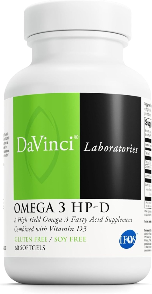 DAVINCI Labs Omega 3 HP-D - Supplément alimentaire pour soutenir le système immunitaire, les articulations saines et la santé cardiovasculaire et cutanée* - avec vitamine D3 et plus - sans gluten - 60 softgels