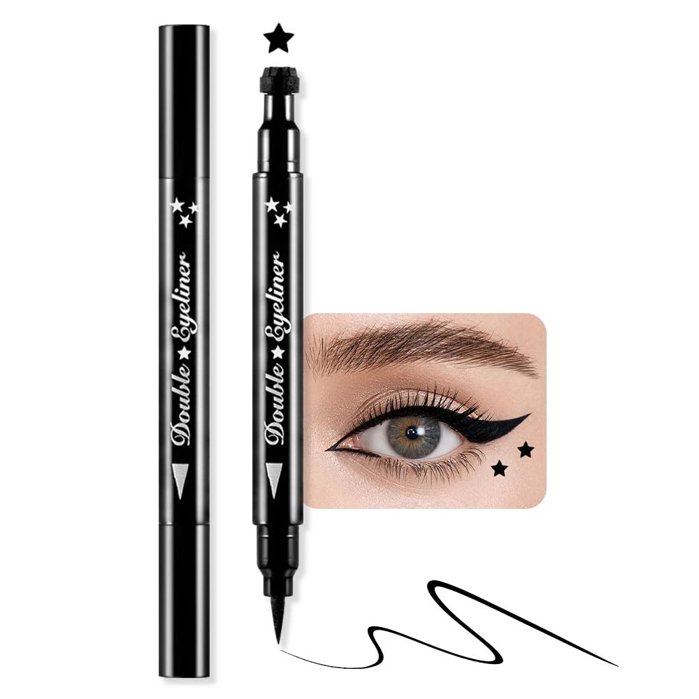 BINGBRUSH Double tête liquide Star Eyeliner Stamp Crayon, Couleurs Fleurs Coeur Lune Formes Face Timbres Maquillage Coloré Imperméable Gel mince Felt Tip High Pigment Liquid Eyeliner (01#Star&Black)
