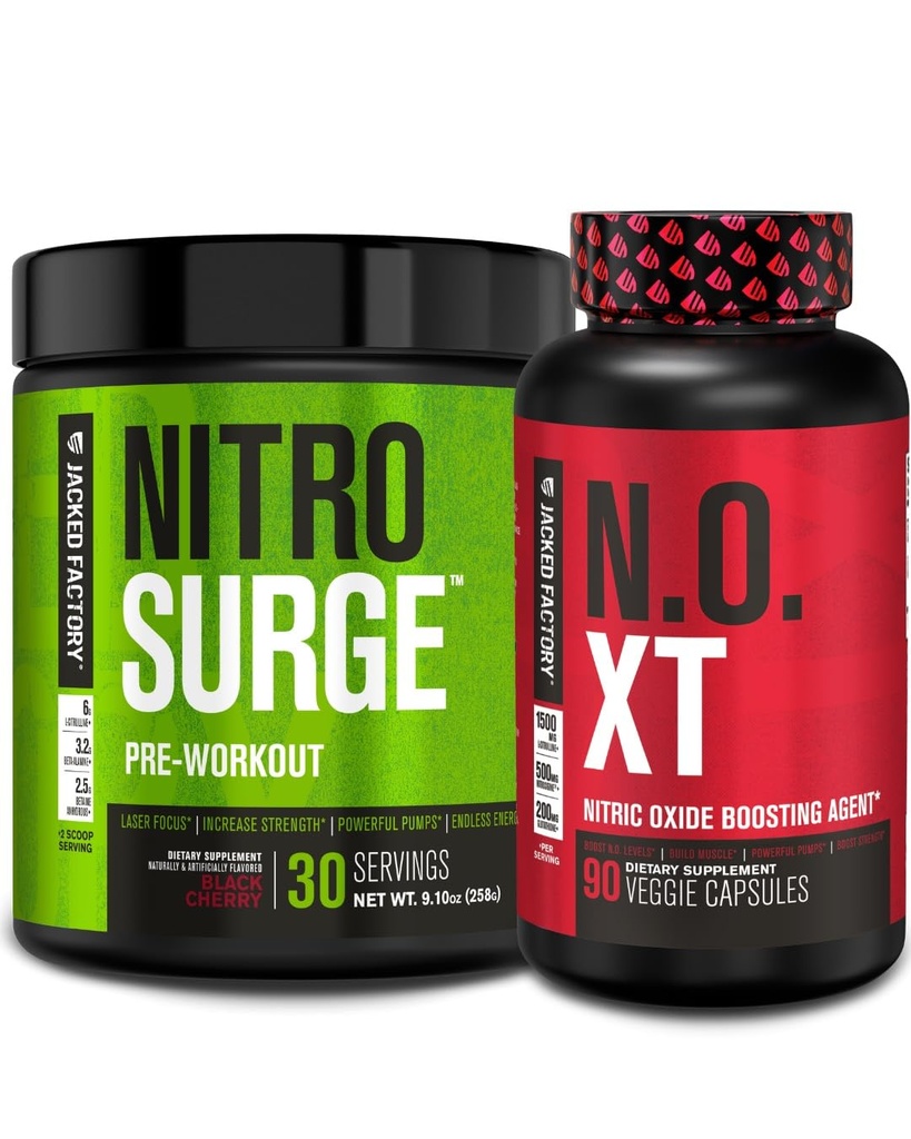 Pré-entraînement à la nitrosurgie Jacked Factory en cerise noire & N.O. XT Booster à oxyde nitrique pour hommes et femmes