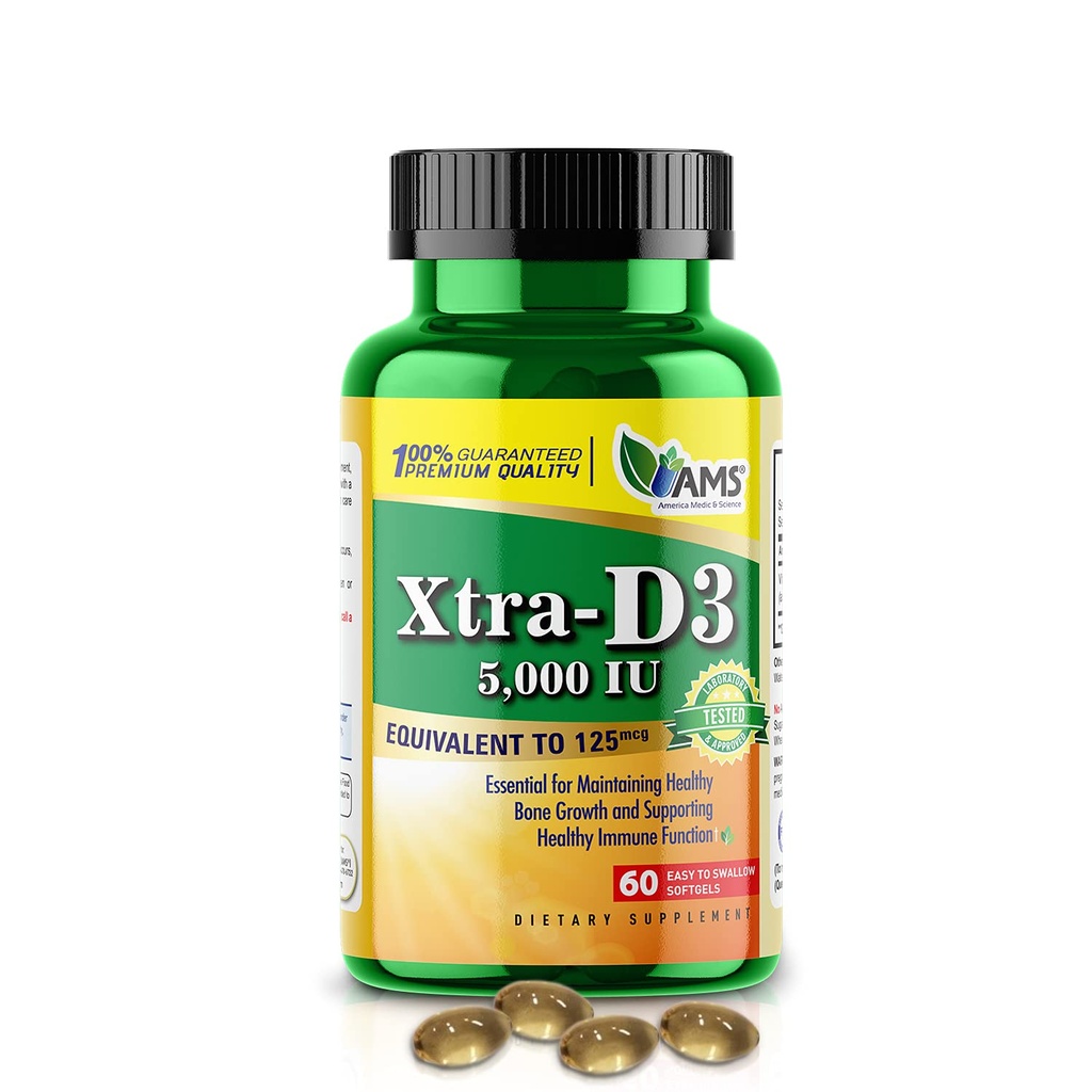 America Medic & Science Xtra D3 Vitamine D 5 000 UI (125 mcg) Supplément Cholecalciferol pour les hommes et les femmes (60 Softgels faciles à avaler) Meilleur pour les os, la santé cardiaque, le soutien du système immunitaire, la fonction pulmonaire
