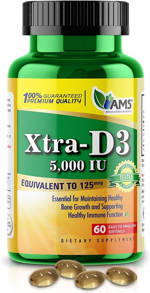 America Medic & Science Xtra D3 Vitamine D 5 000 UI (125 mcg) Supplément Cholecalciferol pour les hommes et les femmes (60 Softgels faciles à avaler) Meilleur pour les os, la santé cardiaque, le soutien du système immunitaire, la fonction pulmonaire