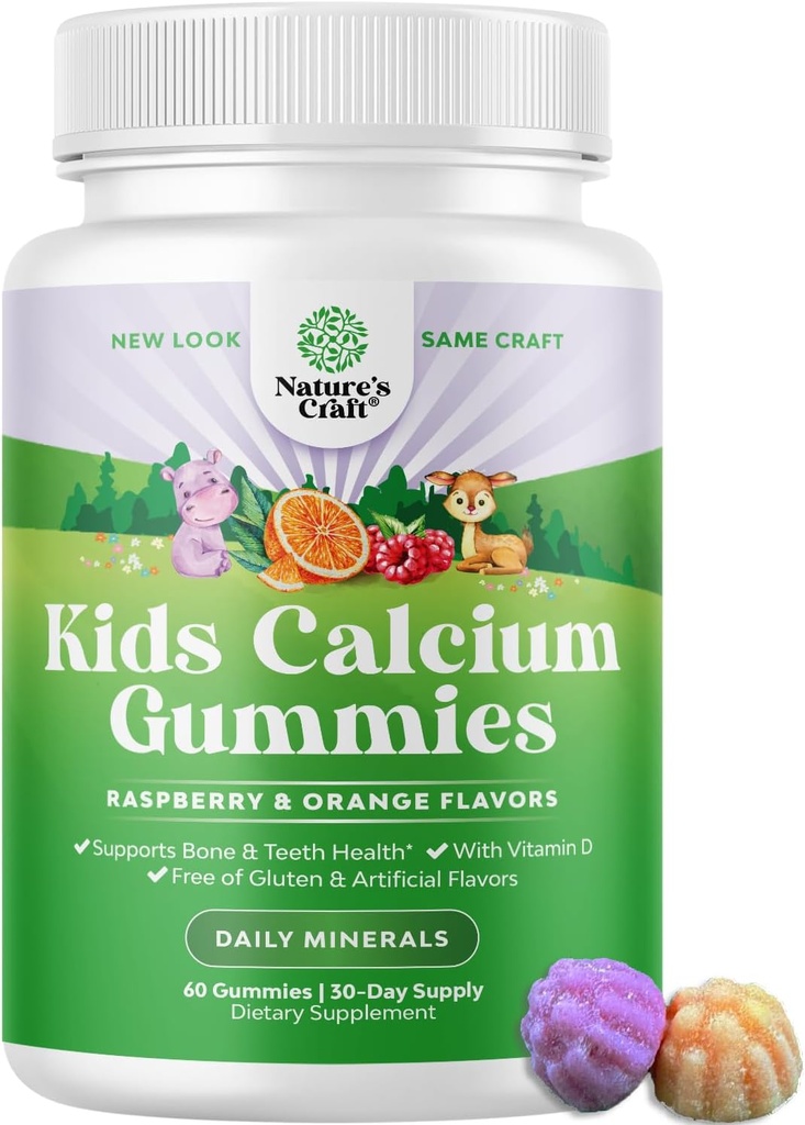 Natures Craft Taste Kids Gommies de calcium - Gommies de vitamine D et de calcium pour enfants - Vitamine avec et D pour le développement des os musculaires Enfants sans gélatine 60ct (1 Pack)