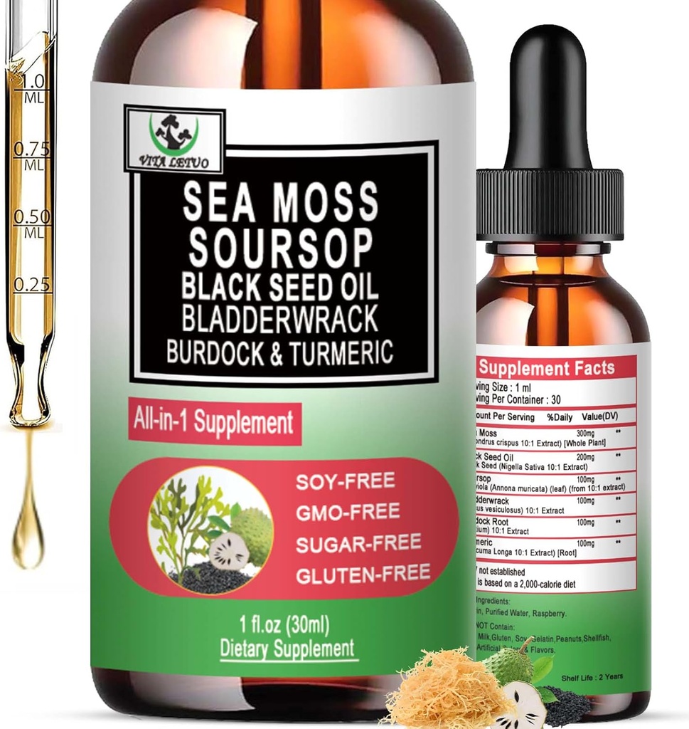 Sea Moss Black Seed Oil Sourop Liquid Drops with Bladderwrack Burdock Root Turmeric - Multiminérales et vitamines Superfood Drops Organic Non-OGM for Imune & Digestive & Cell Support Peau Cheveux