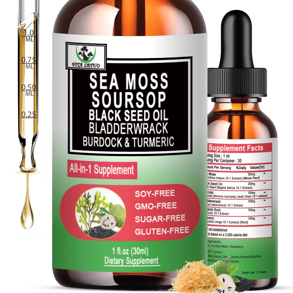 Sea Moss Black Seed Oil Sourop Liquid Drops with Bladderwrack Burdock Root Turmeric - Multiminérales et vitamines Superfood Drops Organic Non-OGM for Imune & Digestive & Cell Support Peau Cheveux