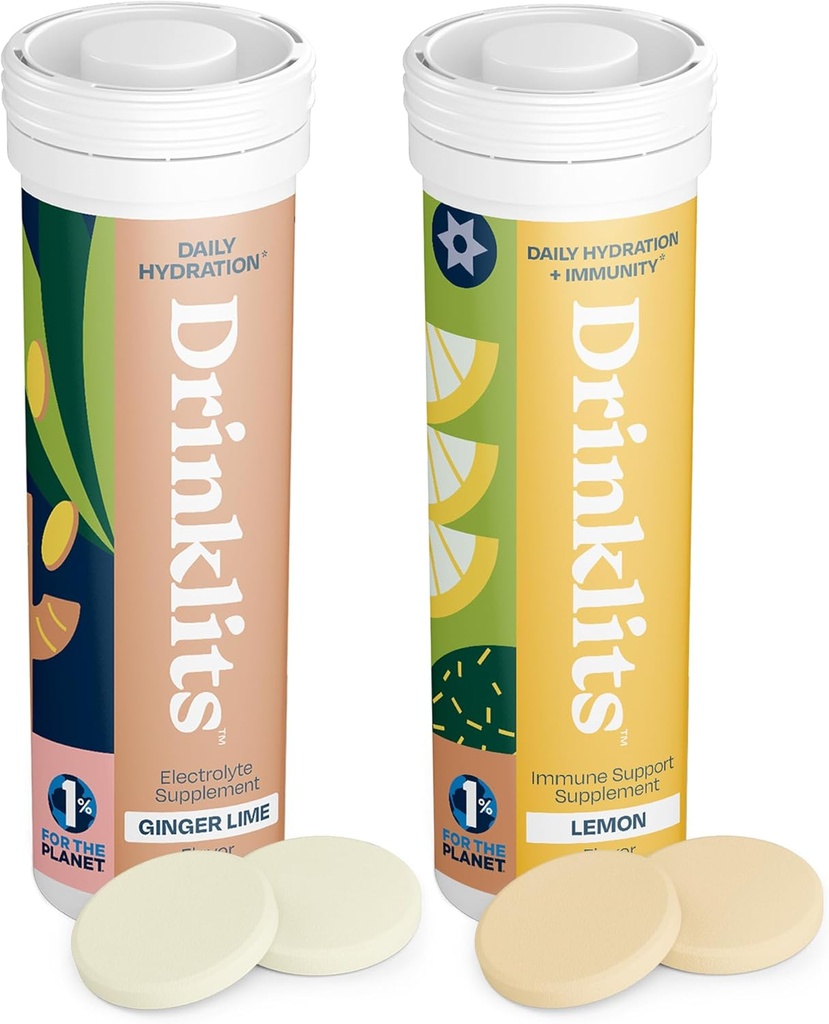 Hydratation au gingembre et au citron immunosupport (2) Combo de tube – Électrolytes quotidiens – Vitamines essentielles – 20 portions (10 comprimés par tube)