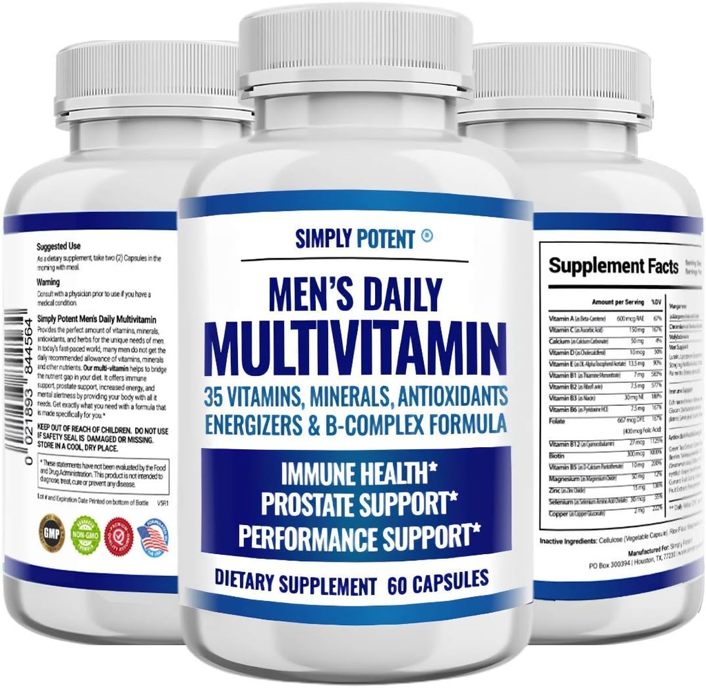 Multivitamines quotidiennes simples pour les hommes, 35 vitamines avec minéraux et antioxydants, vitamines A C D E, Biotine B12 Folate de zinc Magnésium et Palmetto de scie pour l'énergie, Focus, Immune et la santé de la prostate, 60