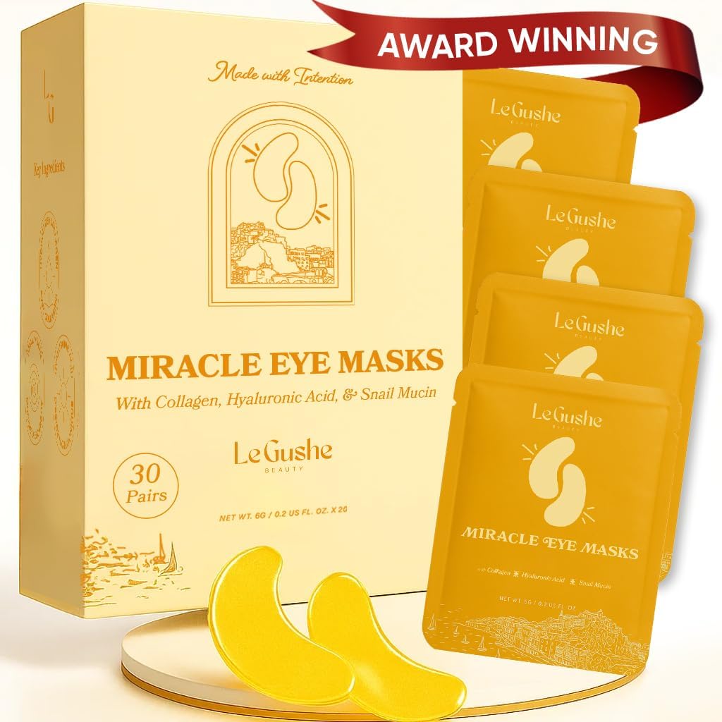 LE GUSHE Gold Under Eye Patches for Puffy Eyes and Dark Circles (30 Pairs) - Hydrating Collagen Under Eye Masks with Snail Mucin - Soothing Puffy Eyes Treatment for Women & Men - Bridesmaid Gifts