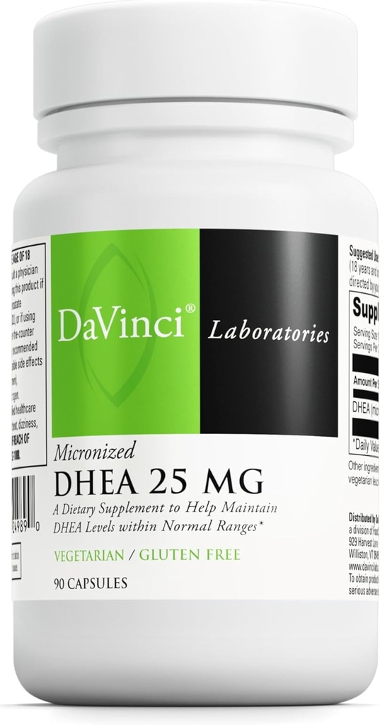 DAVINCI Labs Micronised DHEA 25 mg - Supplément alimentaire pour soutenir le système immunitaire, la santé thyroïde et les taux d'hormones sains* - avec 25 mg Micronised DHEA - Sans gluten - 90 capsules végétariennes