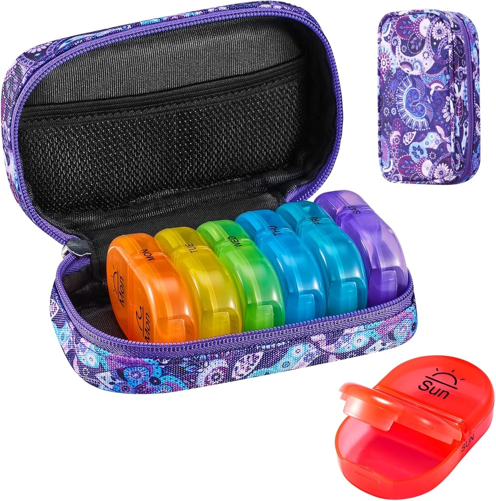 Serfeymi Weekly Travel Pill Organizer 2 fois par jour AM PM Upgraded Rainbow Pill Box 7 Day with Portable Zipper Toile Pill Case, Organisateur de médecine pour les pilules, les vitamines, les huiles de poisson - Purple 01