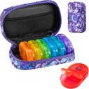 Serfeymi Weekly Travel Pill Organizer 2 fois par jour AM PM Upgraded Rainbow Pill Box 7 Day with Portable Zipper Toile Pill Case, Organisateur de médecine pour les pilules, les vitamines, les huiles de poisson - Purple 01