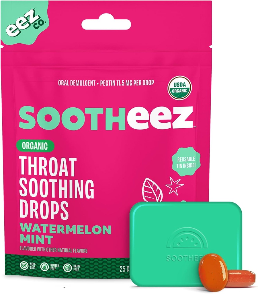 Sootheez Organic Throat Soothing Drops for Adults, Watermelon Mint, 25 Count, Refillable, Great Tasting Drops That Sooth Sore Throats