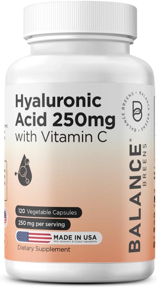 Supplément d'acide hyaluronique pur 250mg avec vitamine C 50mg, 120 Capsules Vegan - Hydratation de la peau pour Glow naturel, cheveux, ongles, os et formule de santé articulaire