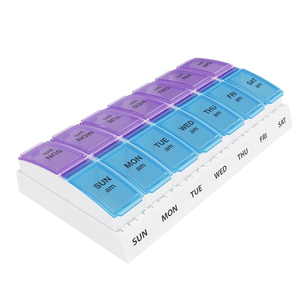 EZY DOSE Organisateur hebdomadaire de pilules AM/PM, contenant de vitamine de 7 jours et boîte quotidienne de médicaments avec grands compartiments pop-out, 2 fois par jour porte-pilule, bleu et violet lids, conception amicale voyage
