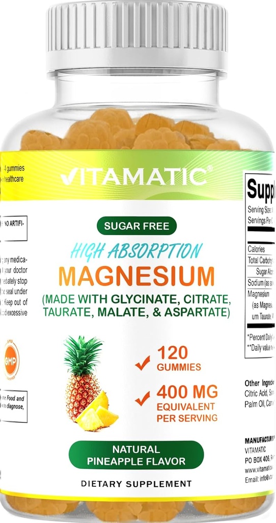 Gommies de magnésium sans sucre vitamatique - (Fabriqué avec GLYCINATE, Citrate, TAURATE, Malate et ASPARTATE) - 400 mg par portion - 120 Gommies - favorise la relaxation saine, le muscle, les os et le soutien énergétique