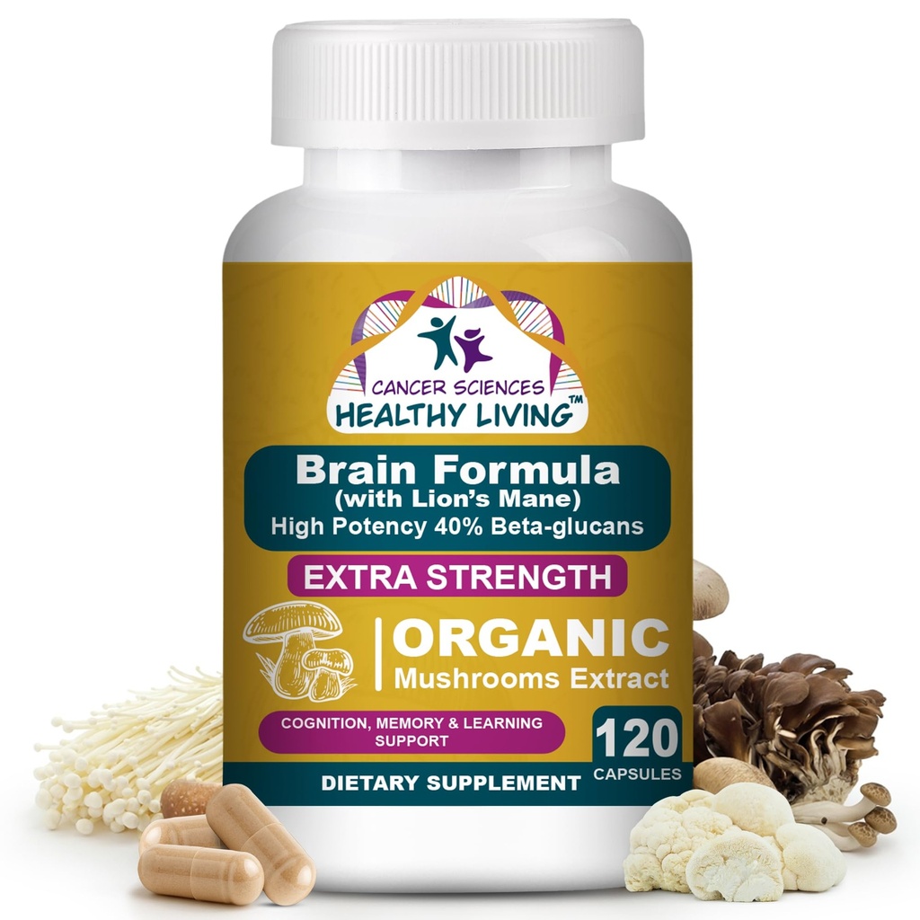 Cancer Sciences Cerveau Suppléments pour mémoire et focus - 1500mg Supplément de champignons pour adultes et aînés - Haute puissance 40% Beta-Glucans pour immunosupport et vitamines, 120 Capsules
