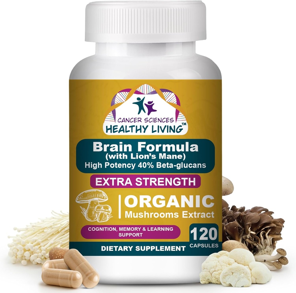 Cancer Sciences Cerveau Suppléments pour mémoire et focus - 1500mg Supplément de champignons pour adultes et aînés - Haute puissance 40% Beta-Glucans pour immunosupport et vitamines, 120 Capsules