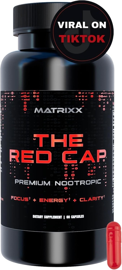 Matrixx The Red Cap 10-in-1 Nootropic Formula | Natural Focus, Energy, Clarity & Productivity Supplement | Rhodiola, L-Theanine, Citicoline, Lions Mane Limitless Brain Booster Supplement Capsules