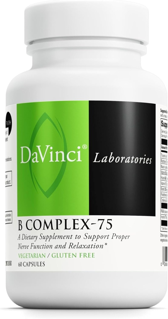DAVINCI Labs B Complex-75 - Soutient la relaxation et la bonne fonction nerveuse* - Complément alimentaire avec Niacine, Vitamine B6, B12, Biotine, Choline et plus - Végétarien - Sans gluten - 60 Capsules