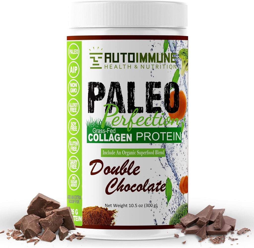 Paléo Perfection Double Chocolat Poudre de protéines de collagène avec Stevia - Paléo, Keto, SCD, poudre de protéines AIP avec fibre de pomme, carotte et brocoli - Poudre de protéines et mélange de superaliments