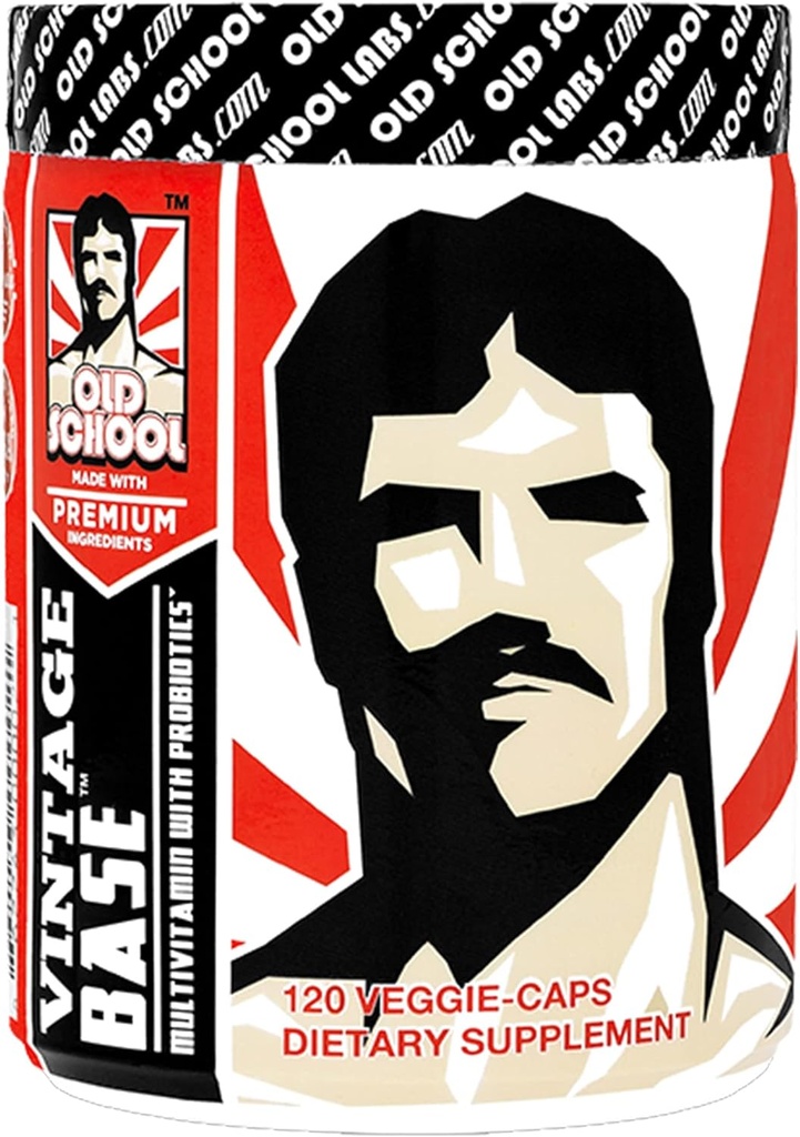 Old School Vintage Base 2-en-1 Multivitamines et probiotiques, Vitamines et minéraux quotidiens pour une digestion optimisée, Flore intestinale, Immune, Vitamine D3, C, et zinc pour les hommes et les femmes - 120 Caps Veggie