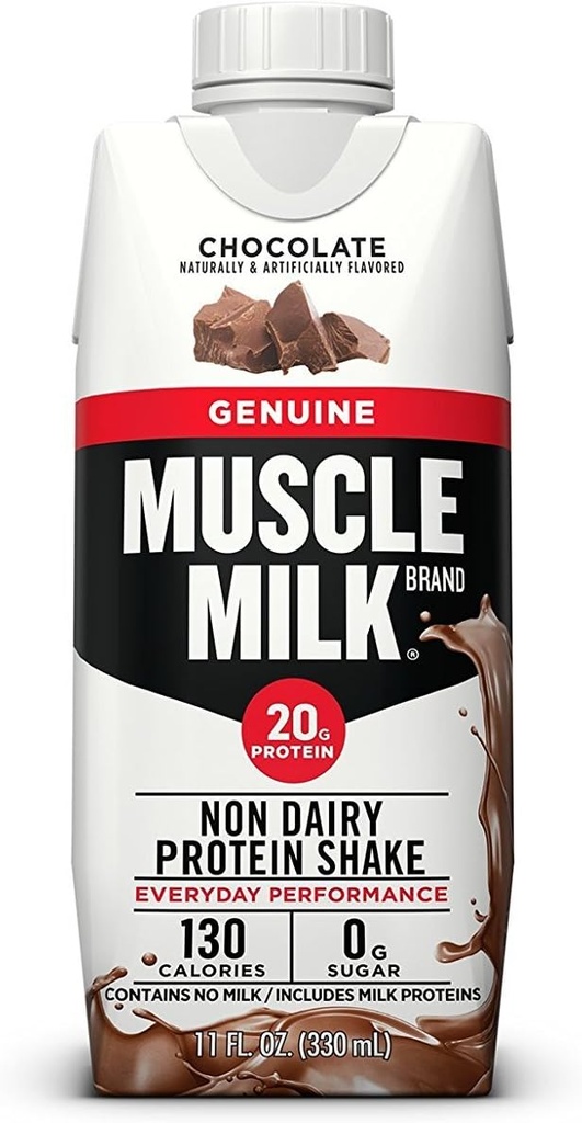 Lait musclé Seringue de protéines authentiques, Chocolat, 11 Fl Oz Carton, 12 Pack, 25g Protéines, Zéro sucre, Calcium, Vitamines A, C & D, 5g Fibre, Seringue énergétique, Récupération d'entraînement, Emballage Mai Varier