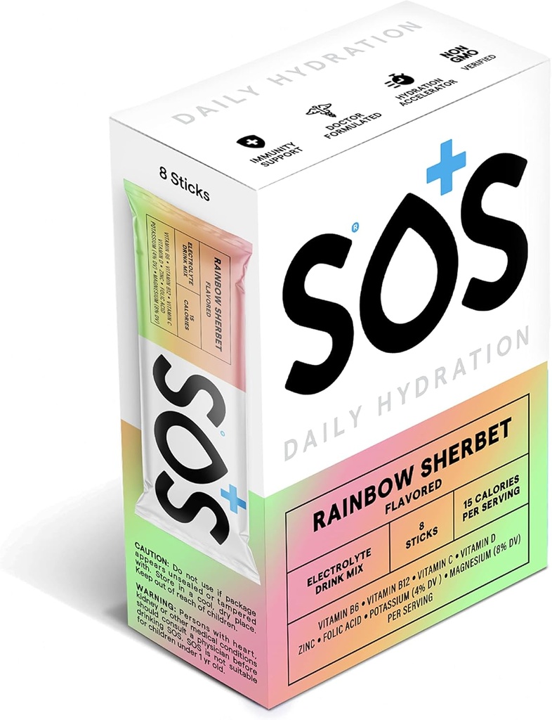 SOS Hydration Electrolyte Powder Stick Packs | Low Sugar | Rapid Rehydration | Made in USA | Keto | Rainbow Sherbert