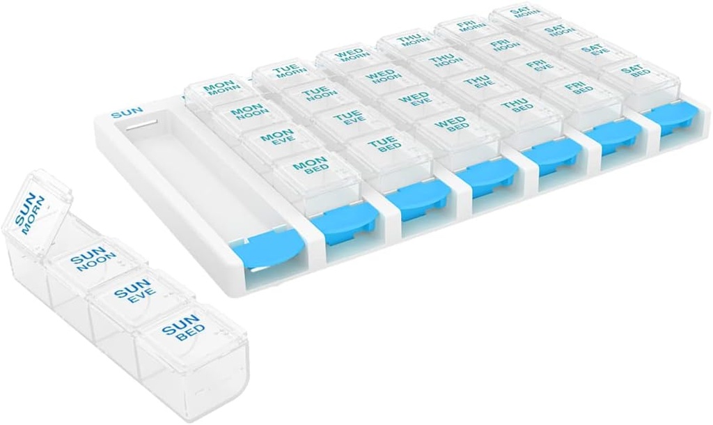 EZY DOSE Weekly (7 Day) 4 fois par jour Push Bouton Pill Organisateur et planificateur de vitamines, Pillboxes quotidiennes amovibles, bleu, lys clairs, grand, sans BPA