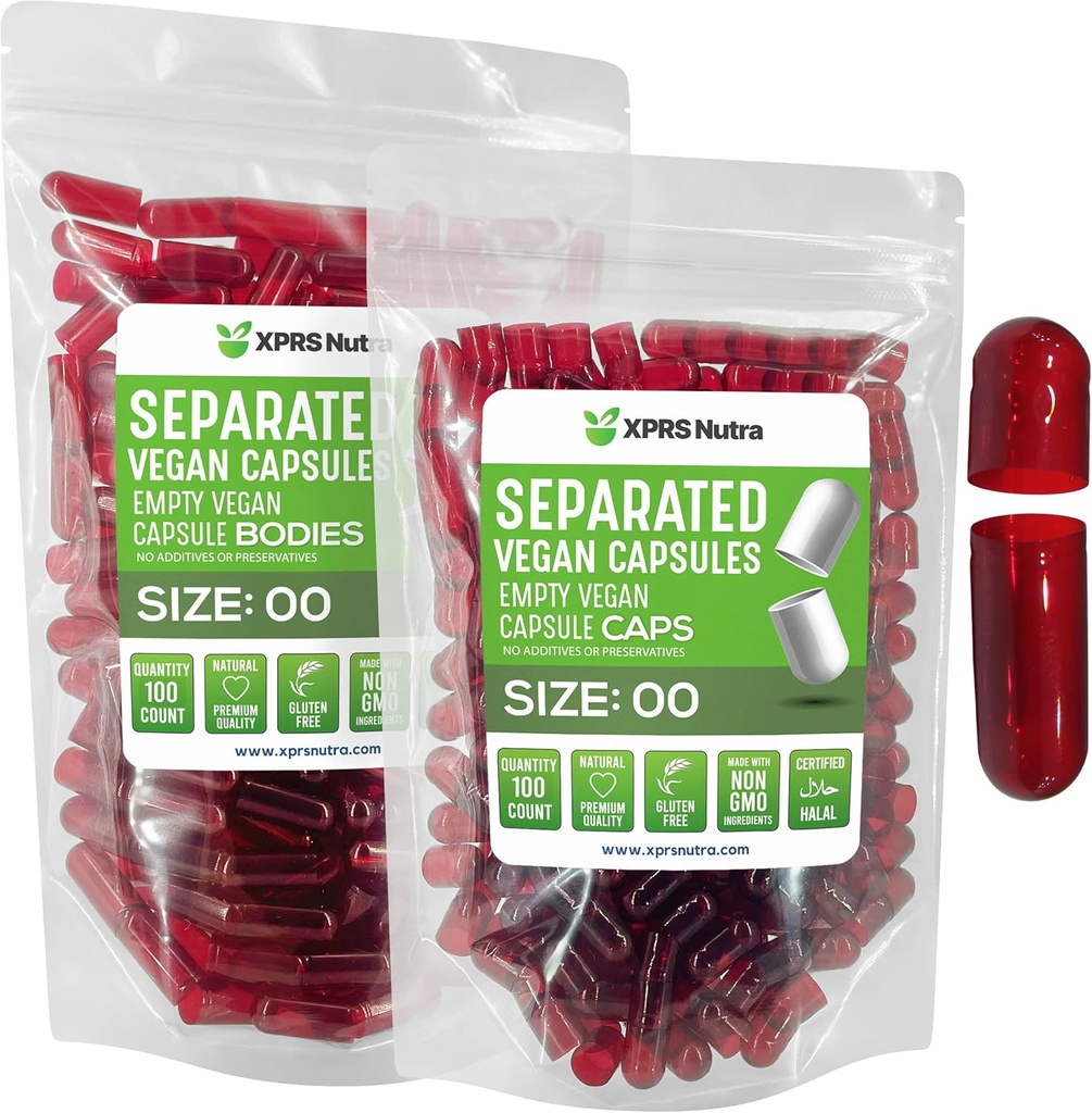 XPRS Nutra Vegan Taille 00 Capsules séparées - 100 Compte Capsules vides Premium Séparées dans des sacs - 00 Pills vides pour le remplissage de supplément de bricolage (rouge clair)