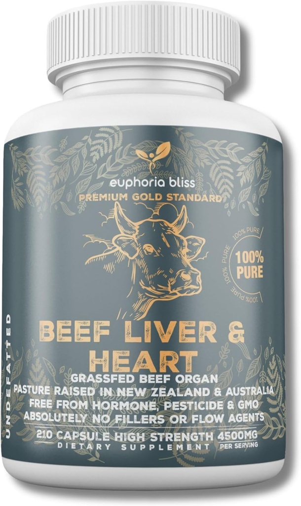 Grass Fed Beef Liver & Heart Capsules | 210 Quick Release Capsules (750mg Each) Desiccated Beef Liver & Heart Supplement | Non-GMO