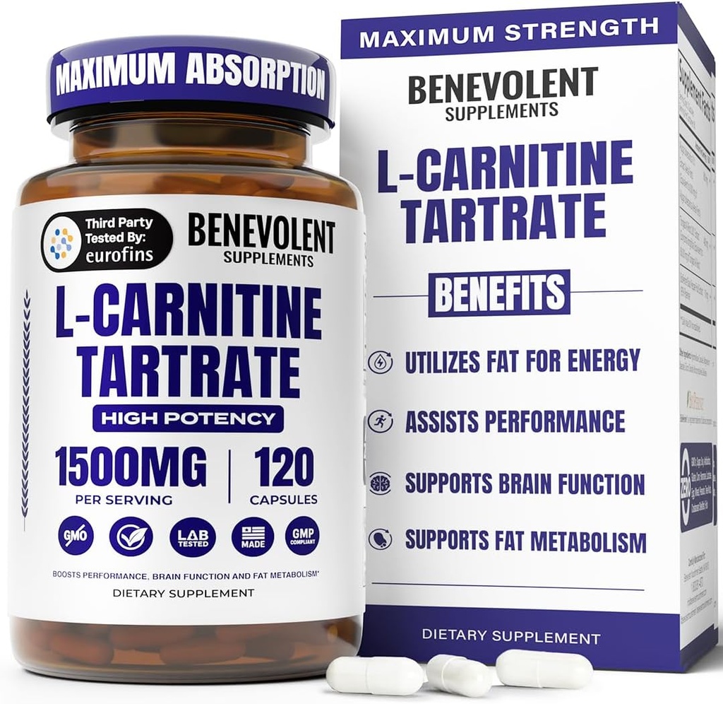 Benevolent L supplément carnitine - High Potency 1500mg L-Carnitine Tartrate - Absorber rapidement, convertir les graisses en énergie, soutenir le muscle maigre, stimuler la performance d'entraînement et le métabolisme – 120 capsules végétaliennes
