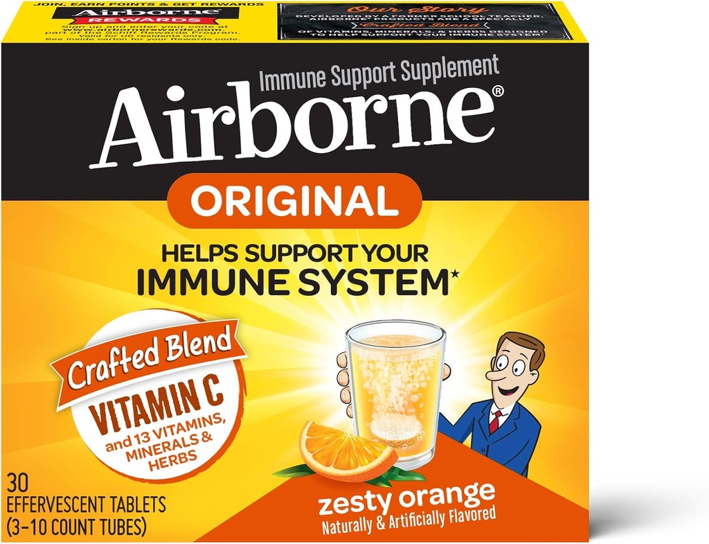 Comprimés effervescents d'orange zeste aéroportés, 1000mg de vitamine C - Supplément de soutien immunitaire 30ea