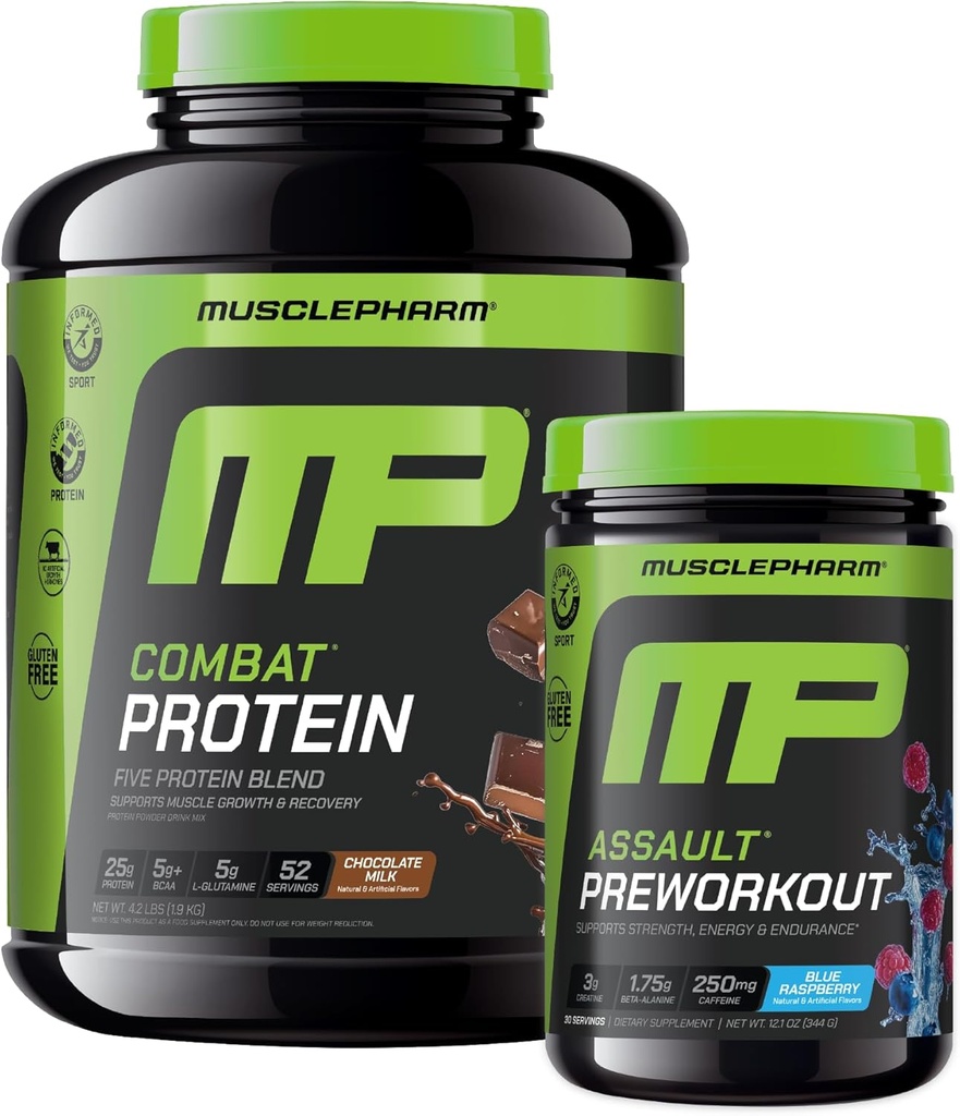 Muscle Pharm Combat 4lb Chocolate Protein and MusclePharm Assault Blue Raspberry Pre-Workout