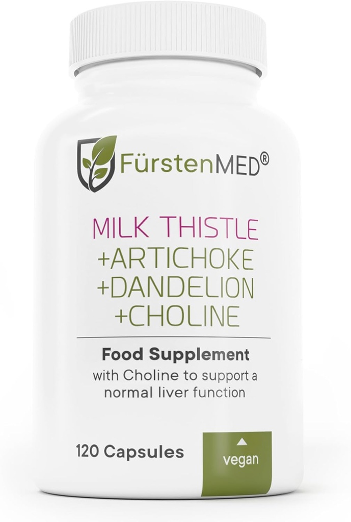 Thistle de lait FürstenMED avec extrait d'artichaut, racine de dandelion et choline - Supplément de santé normale du foie - Très dosé avec 80% Silymarin - Support du foie végétalien - 120 Capsule non OGM